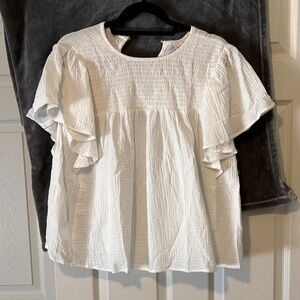 LuLaRoe Maddy White Smocked Ruffle Sleeve Blouse